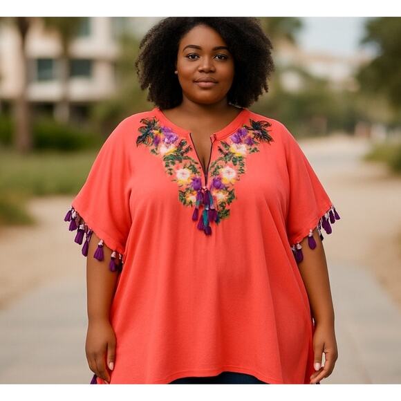 Roamans Top Poncho NWOT 3X 30/32 Embroidery Sequins Tassel Tie Art to Wear - Picture 1 of 9